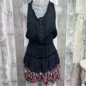DESIGUAL Black Viscose Embroidered Sleeveless Dress Frayed Ruffle Tiered Sz Sm